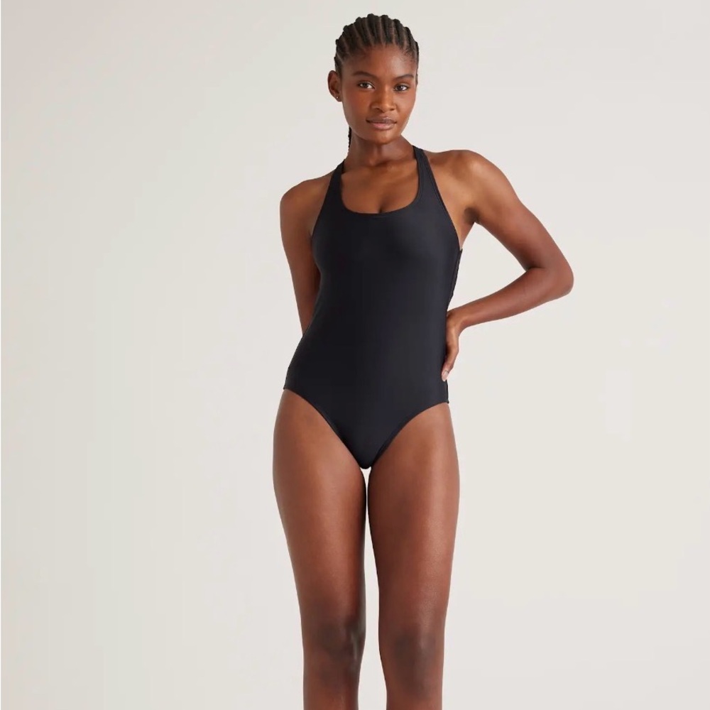 Quince Italian Cross Back One-Piece Swimsuit in Black Size Medium 766